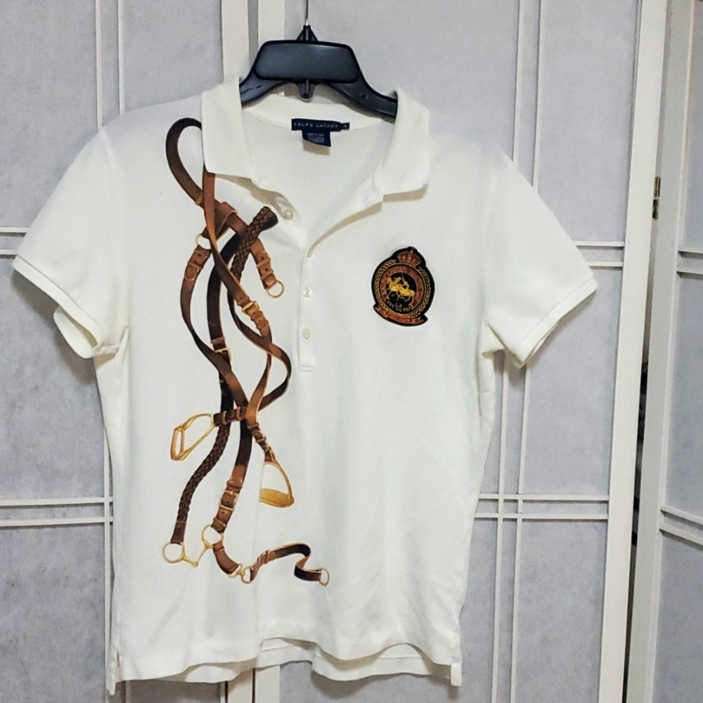 Ralph Lauren White Polo with Brown and Gold Accents